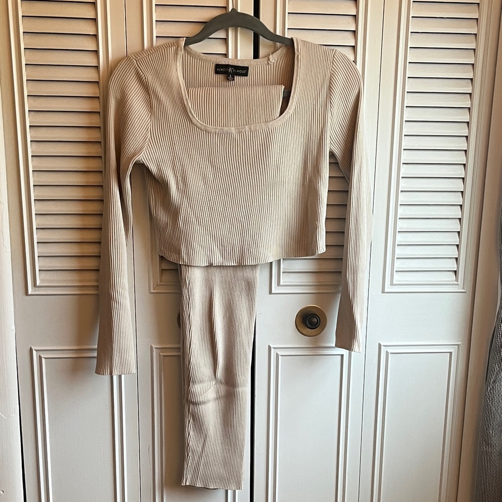 Cream Ribbed Leggings Set